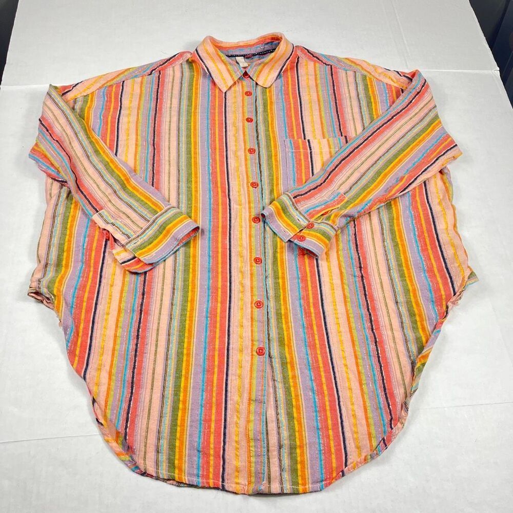 Pilcro Button Down Tunic Shirt Striped Long Sleeve Boho Casual Breathable S/M